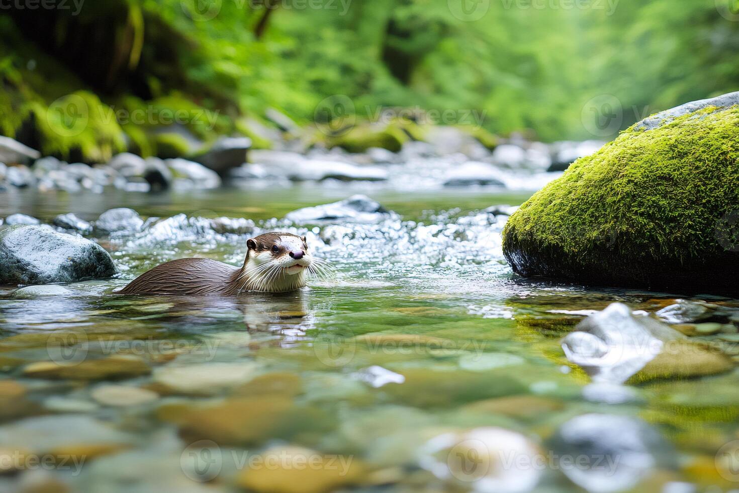 European otter swimming in a clear river in a green forest photo