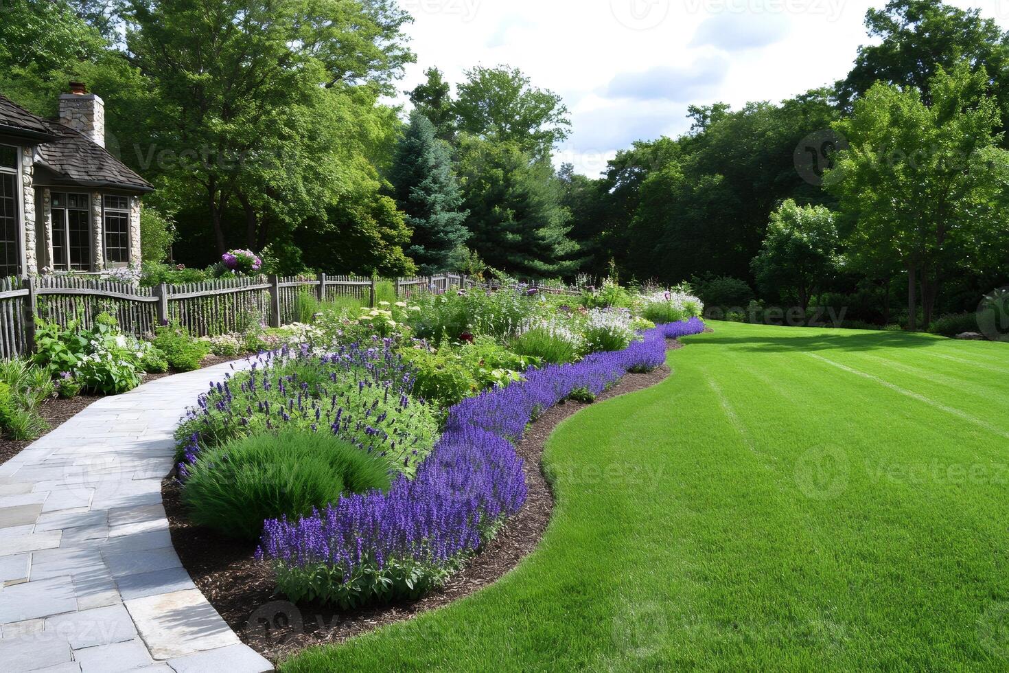 Stone path winding through a vibrant lavender garden bordering a lush green lawn photo