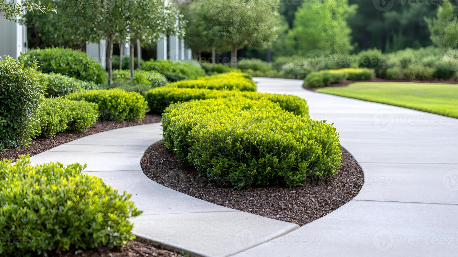 Winding concrete path through manicured shrubs and green lawn in a garden photo