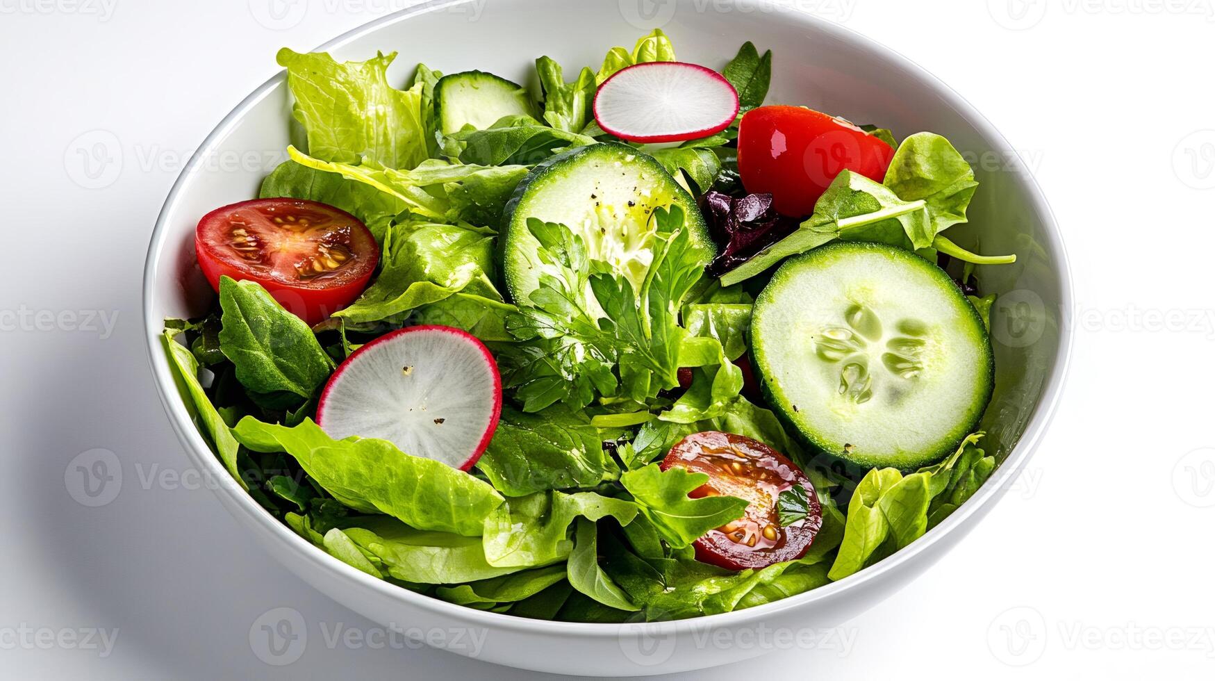 Fresh salad with lettuce, cucumber, tomato and radish in a white bowl photo