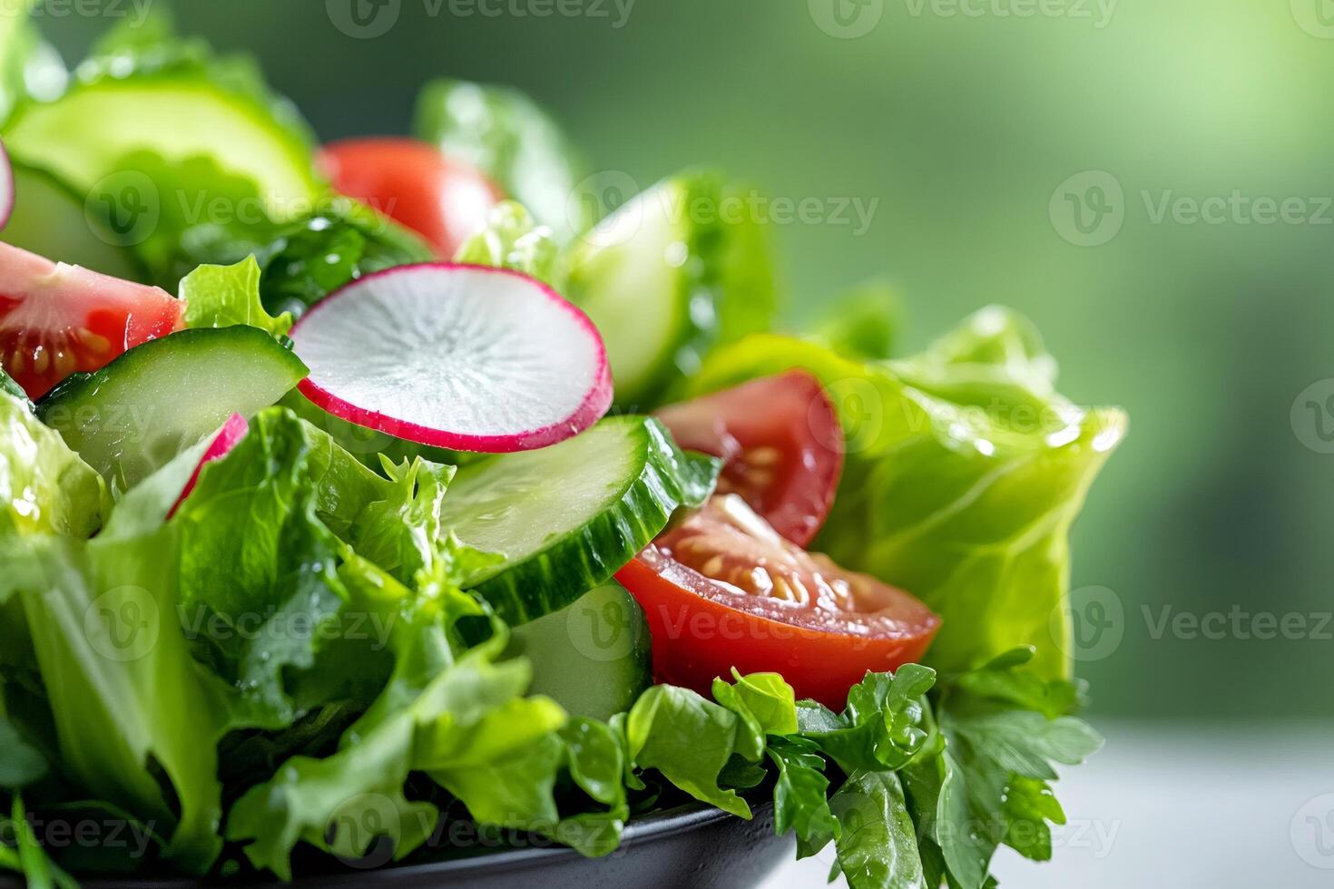 Fresh salad with lettuce, tomatoes, cucumbers and radishes enjoying the sunlight photo