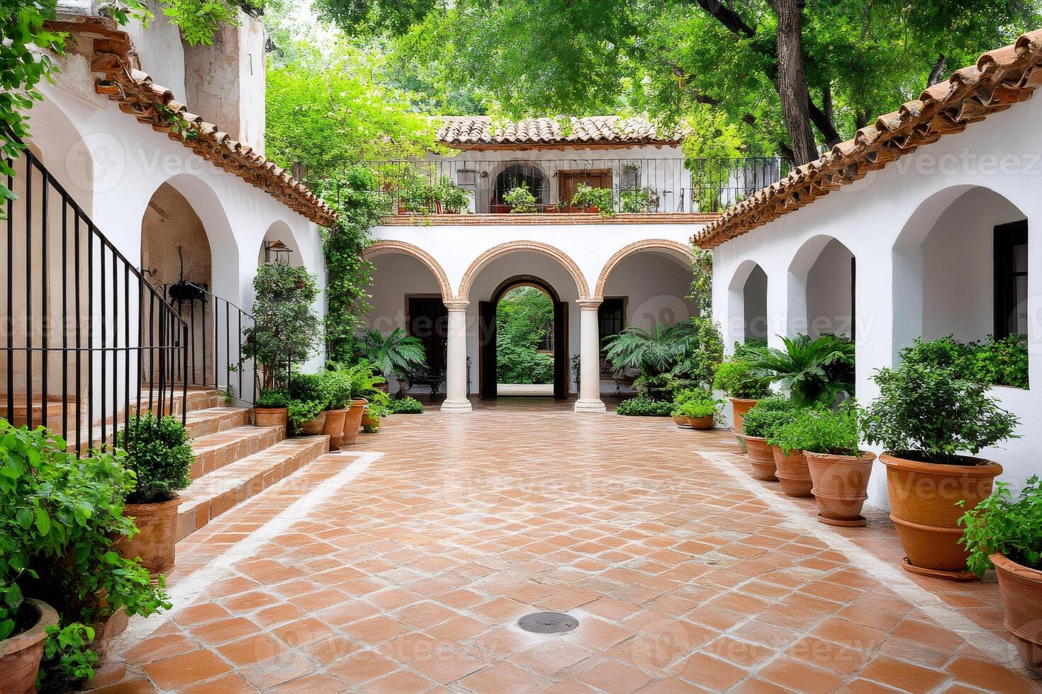 Elegant spanish courtyard with terracotta tiles and potted plants leading to garden photo