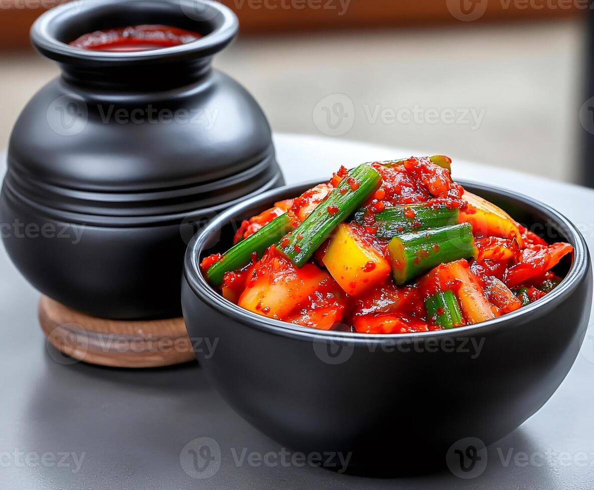 Kimchi with gochujang paste and spring onions resting in black ceramic bowl photo