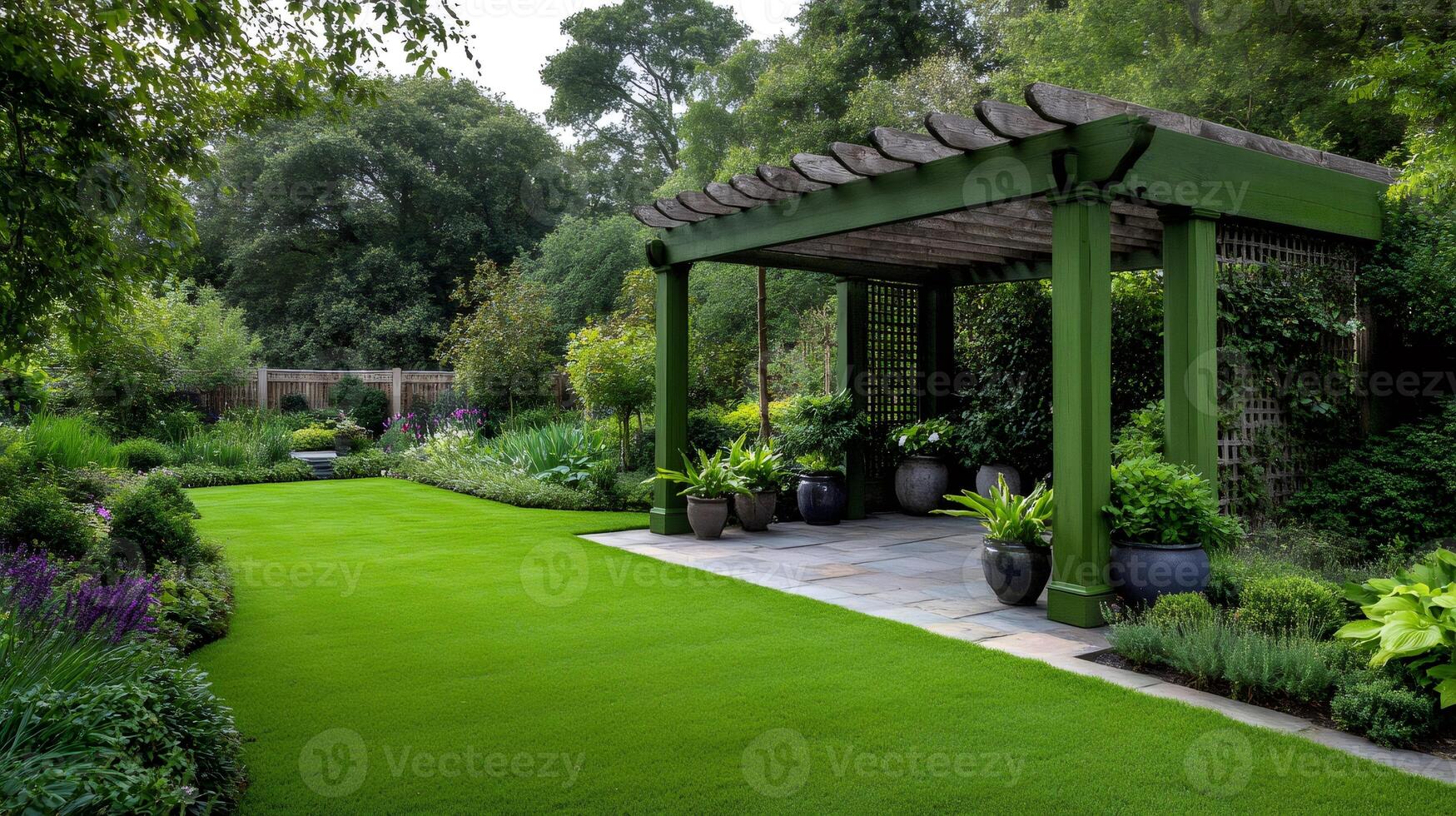 Green pergola standing in beautiful formal garden with lush lawn and flowerbeds photo