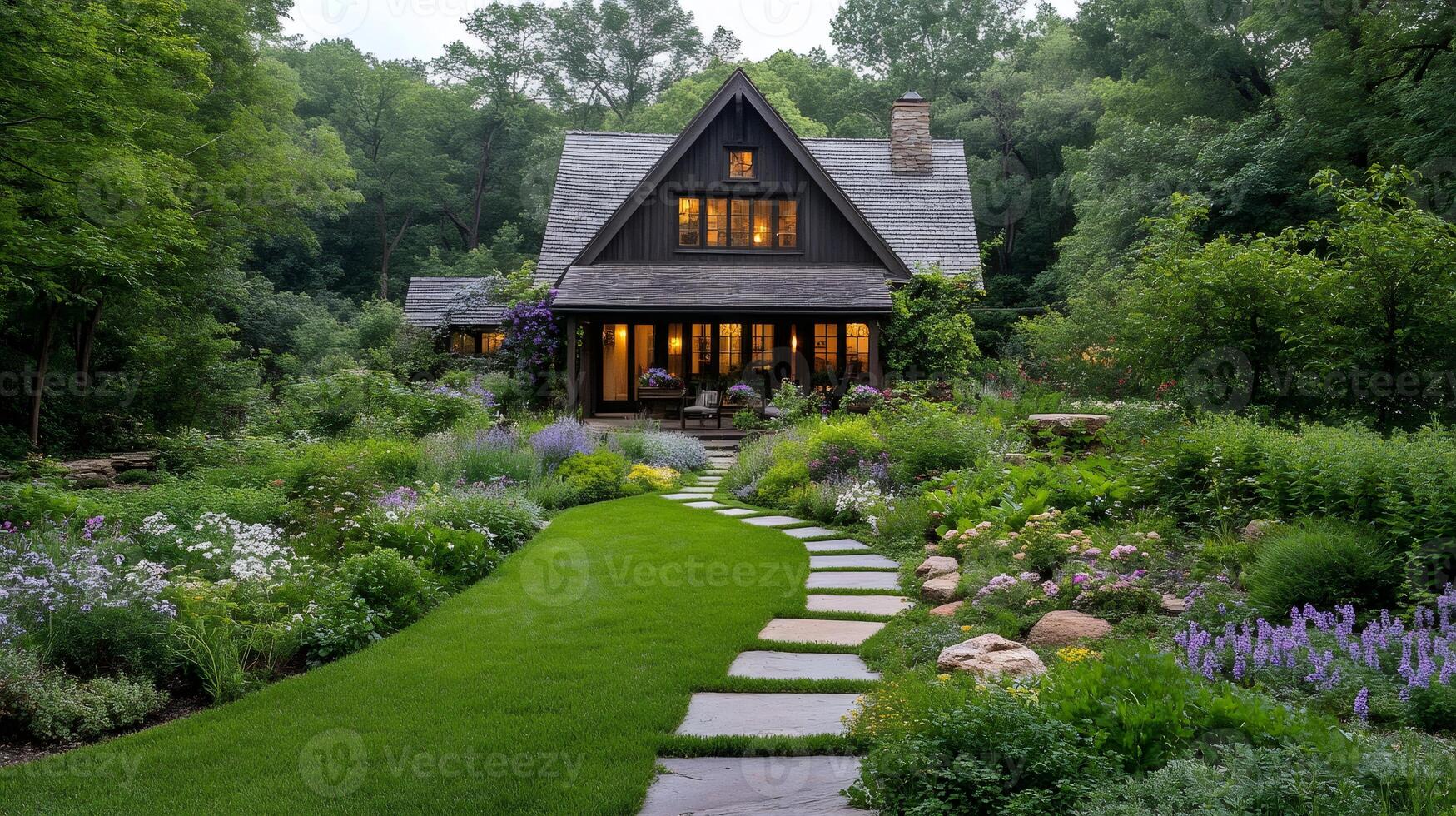 Charming cottage nestled in a lush garden with winding stone path leading to the entrance photo