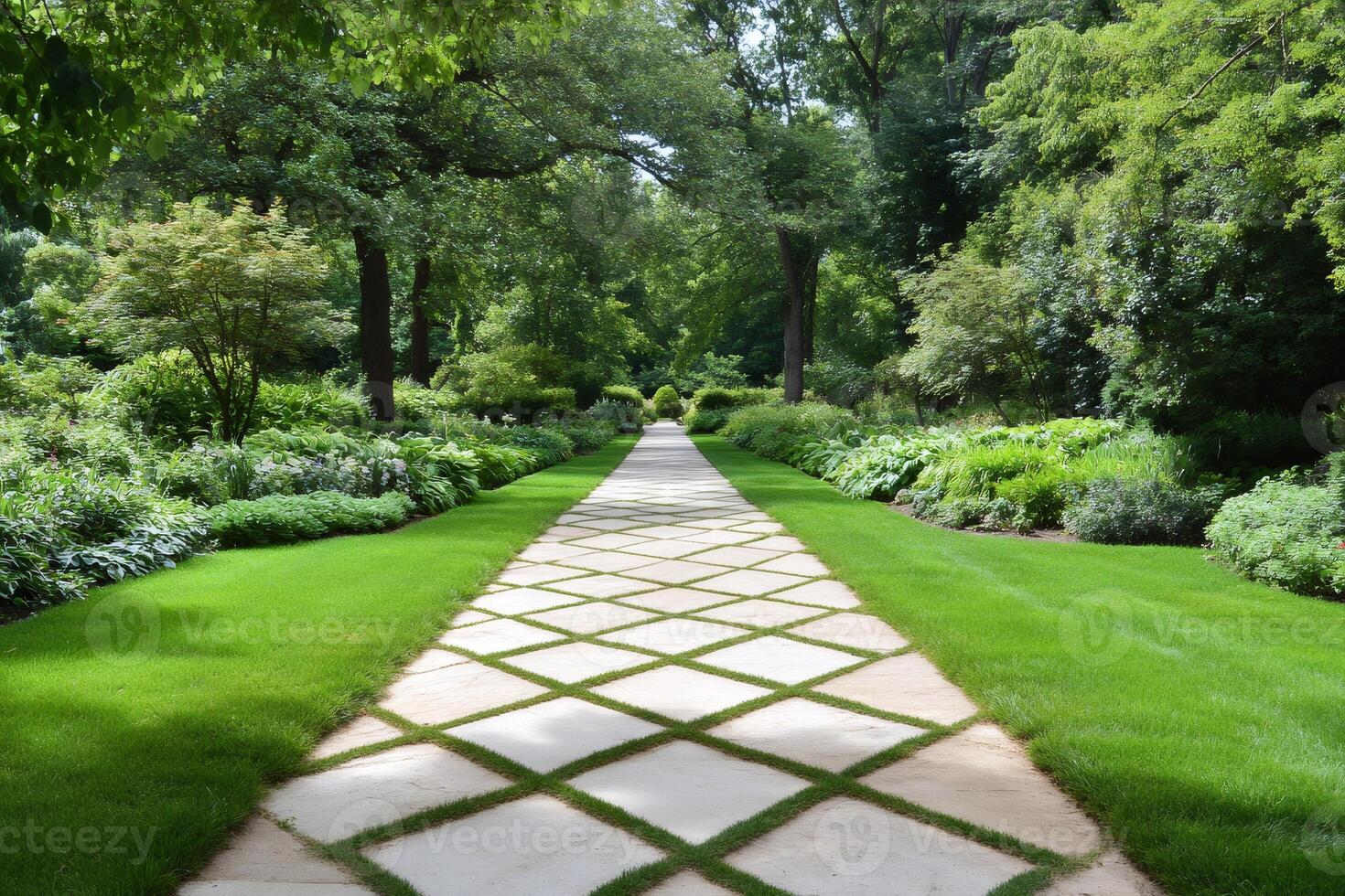 Elegant garden path paving leading through lush green plants photo