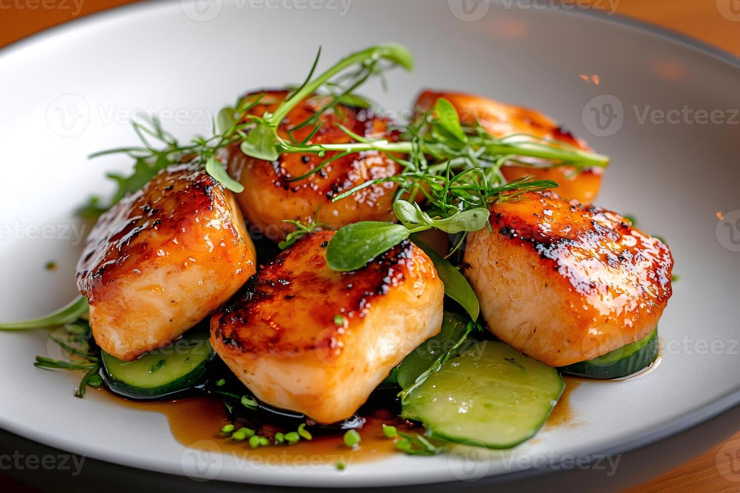 Seared scallops resting on cucumber slices and garnished with herbs on a white plate photo
