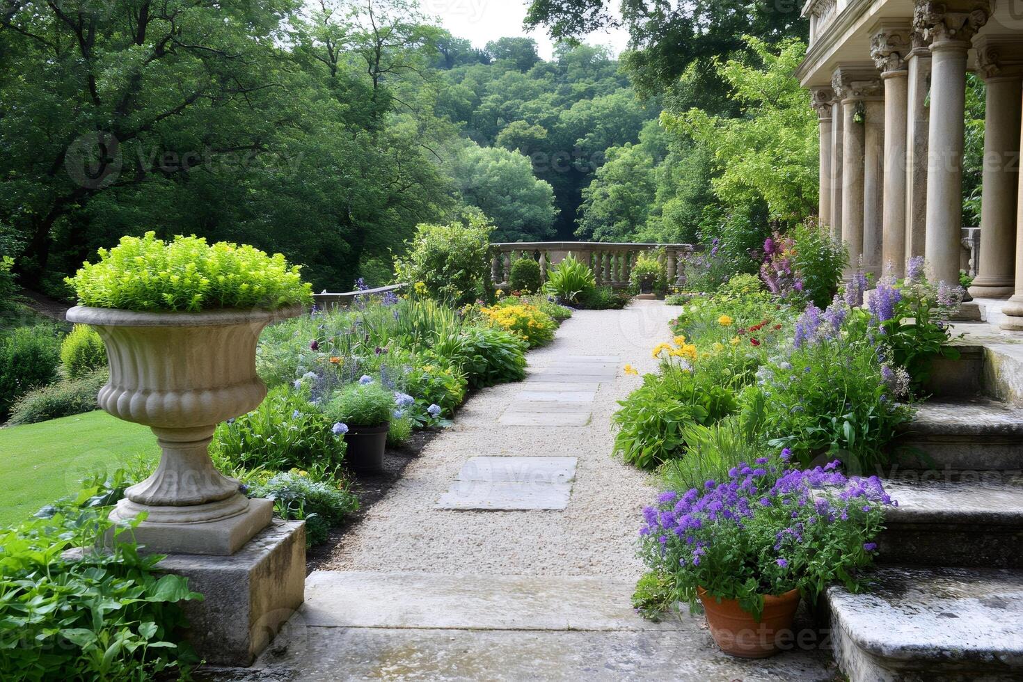 Gravel path going through colorful garden next to neoclassical house photo