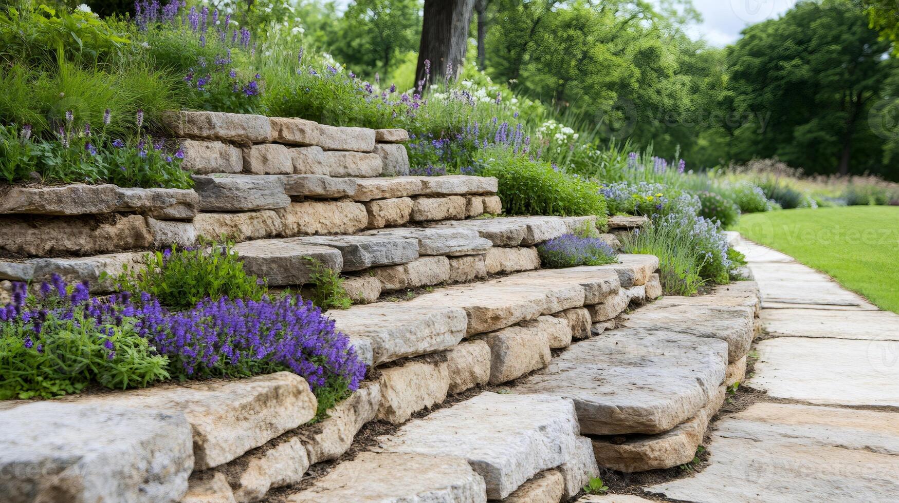 Retaining wall forming steps with blooming lavender and other flowers in a garden photo