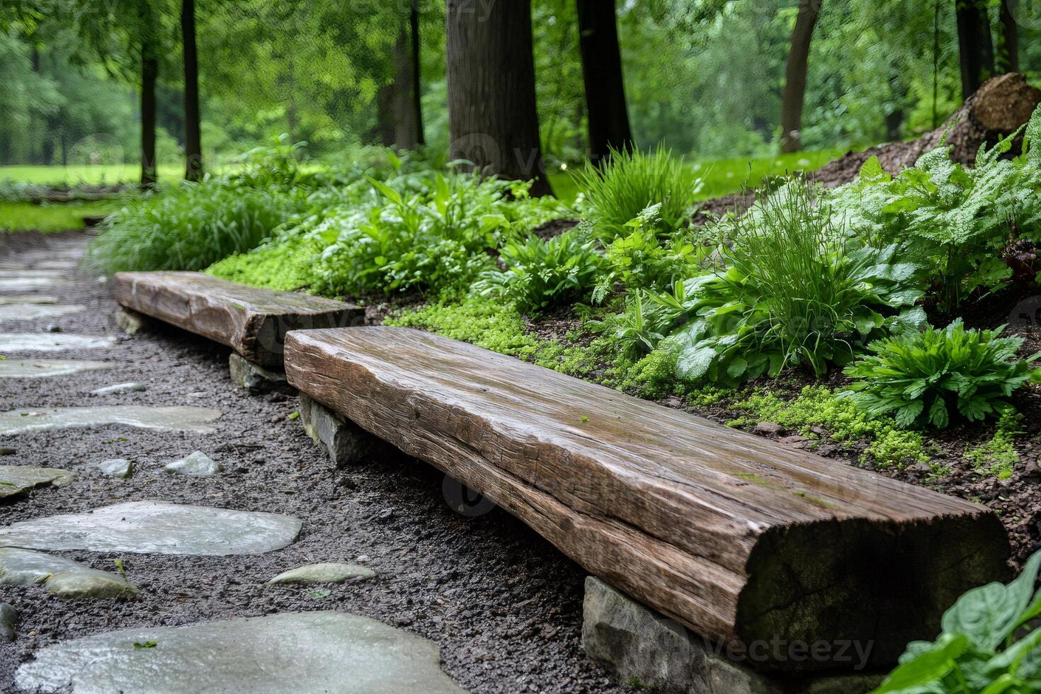 Resting wooden benches inviting visitors to relax in peaceful green park photo