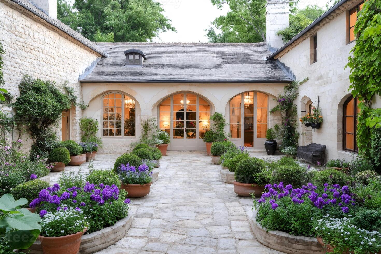 Charming courtyard with blooming purple flowers illuminating french style house photo
