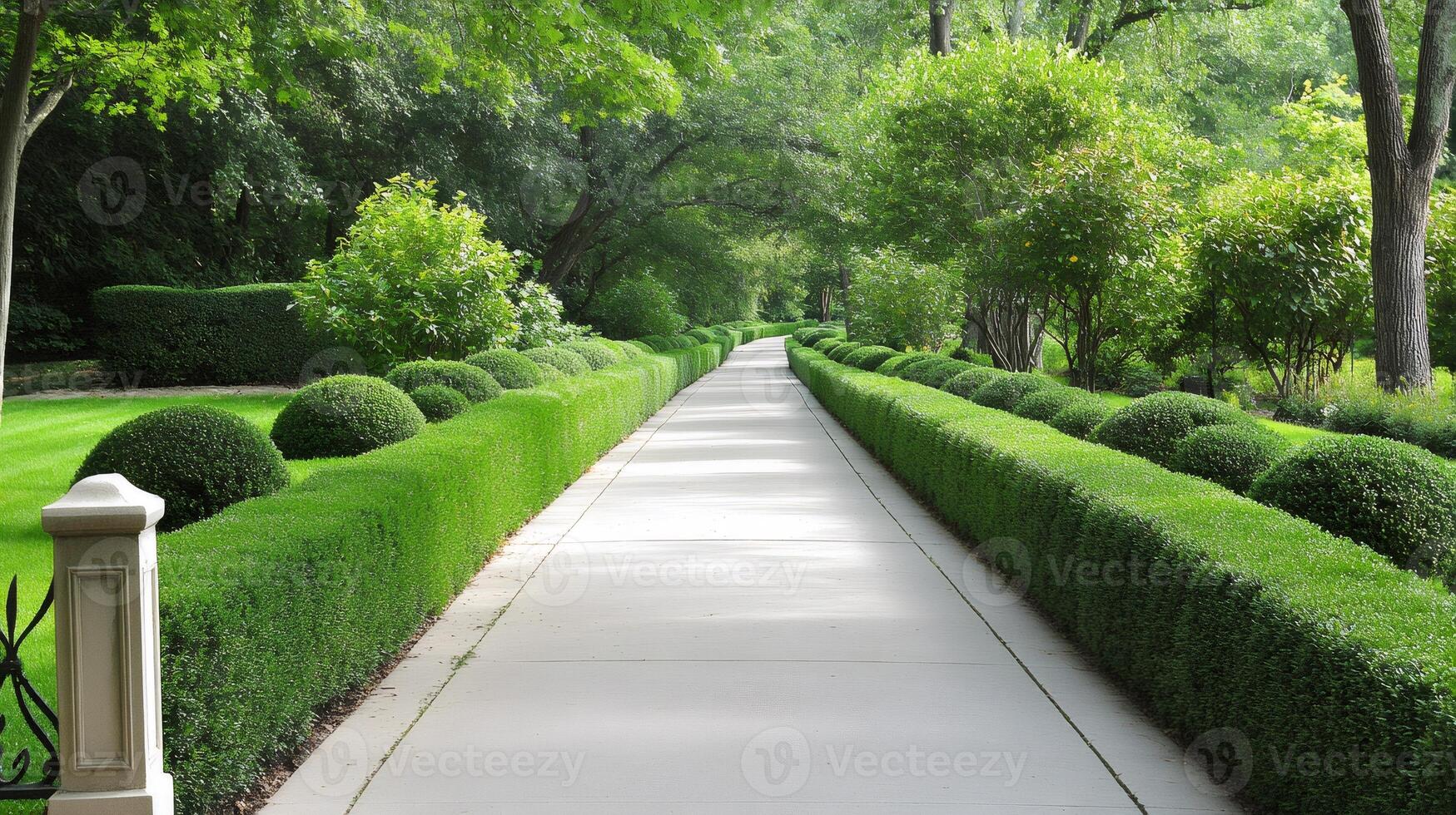 Pathway leading through topiary and manicured hedges in a formal garden setting photo