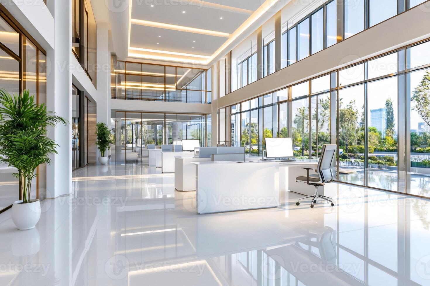 Modern open space office with desks and computers showing financial district photo