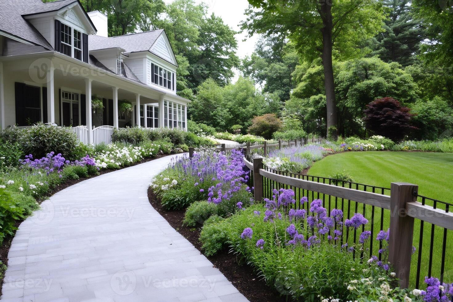 Winding stone path leading to luxurious suburban house photo