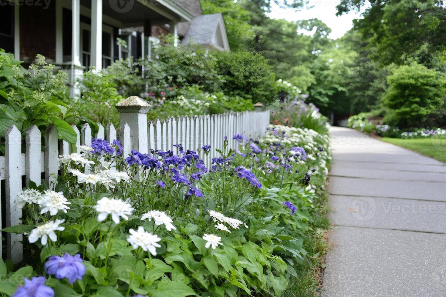White picket fence bordering colorful flowers and sidewalk in front of house photo