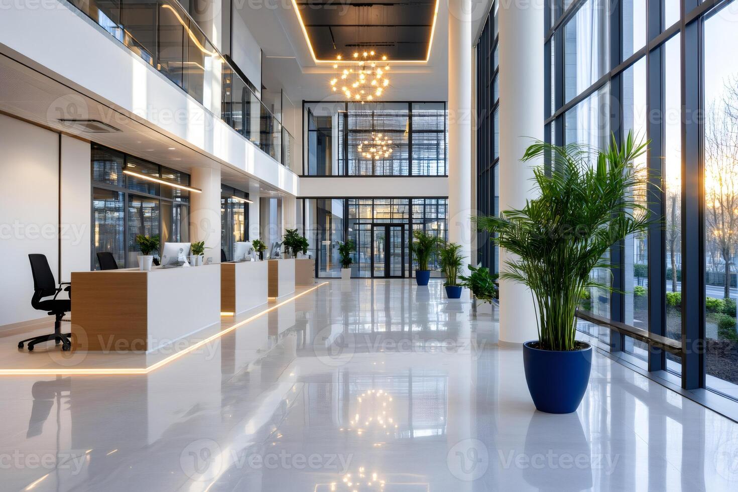 Modern corporate lobby with reception desks showing contemporary design photo