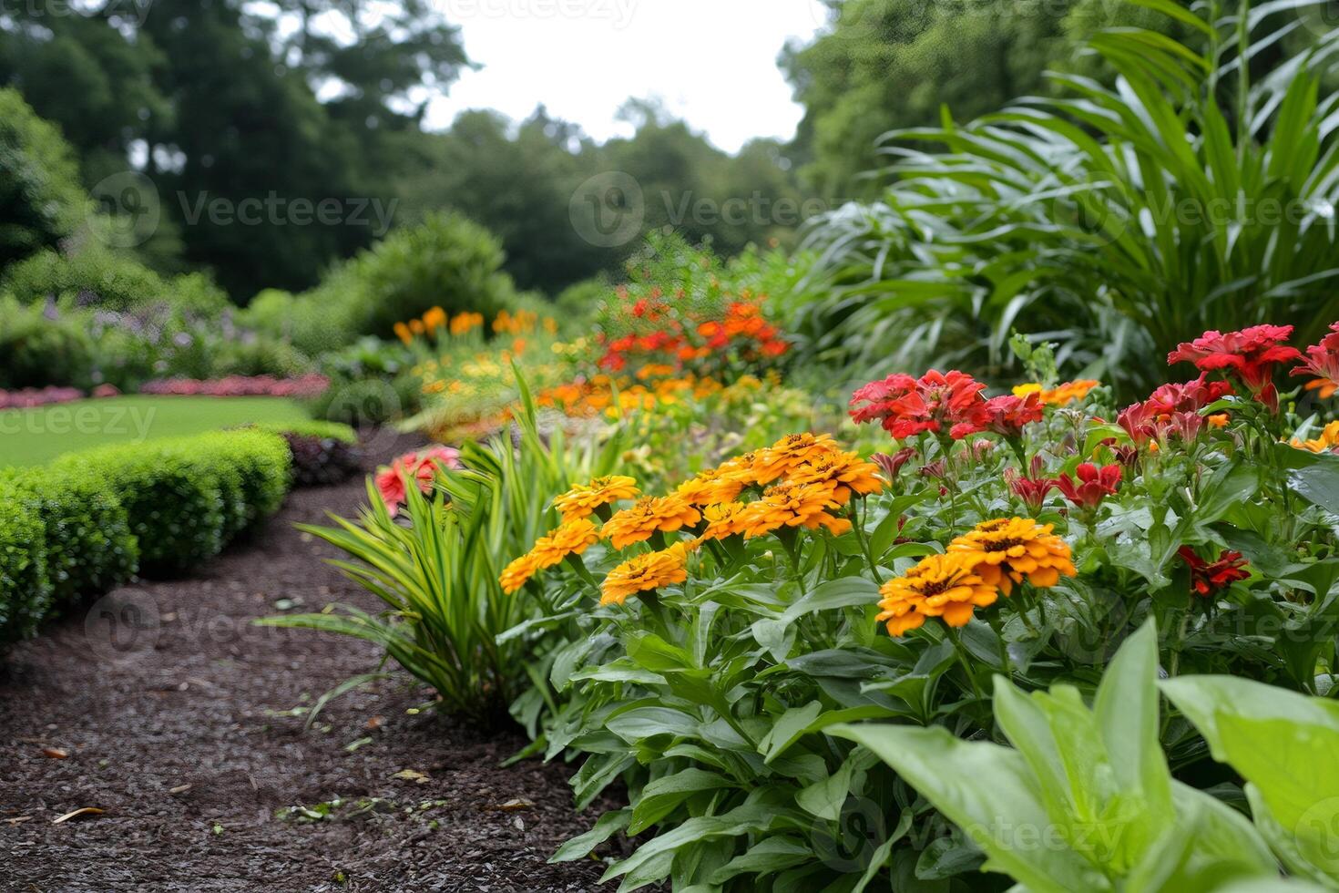 Colorful zinnias blooming in a garden during summer photo