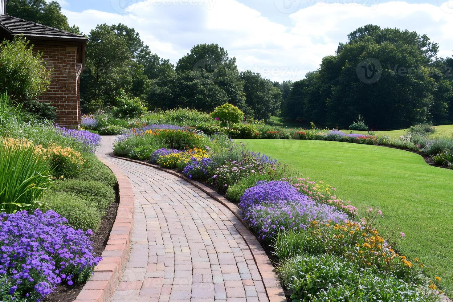 Winding brick path leading through colorful flowerbeds in a lush garden photo