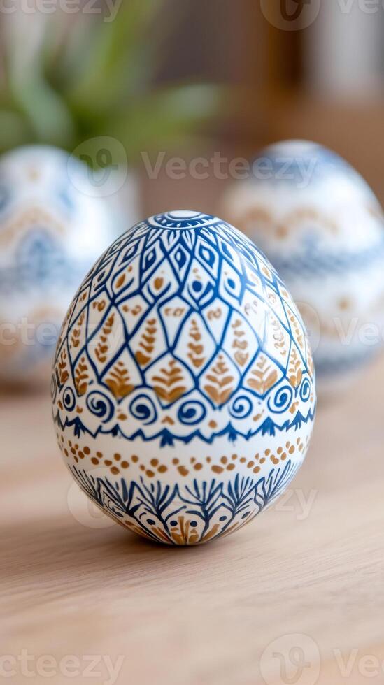 Easter egg decorated with blue and gold ornaments standing on wooden table photo