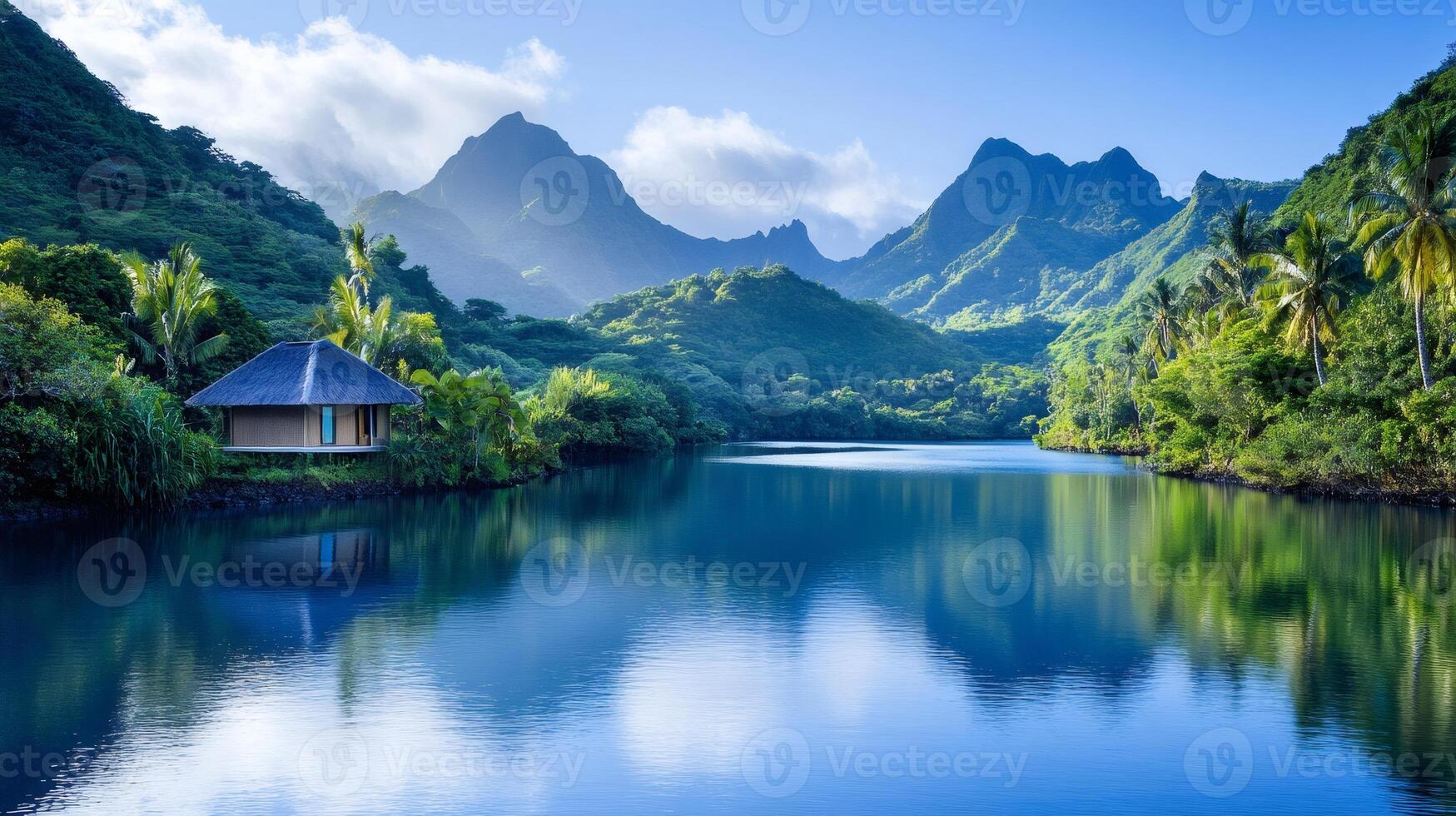 Breathtaking landscape reflecting on a calm lake in Moorea, French Polynesia photo