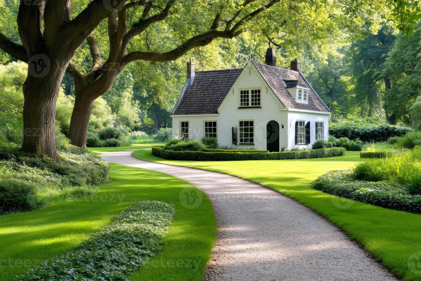 Charming white house with curved path in peaceful garden setting photo