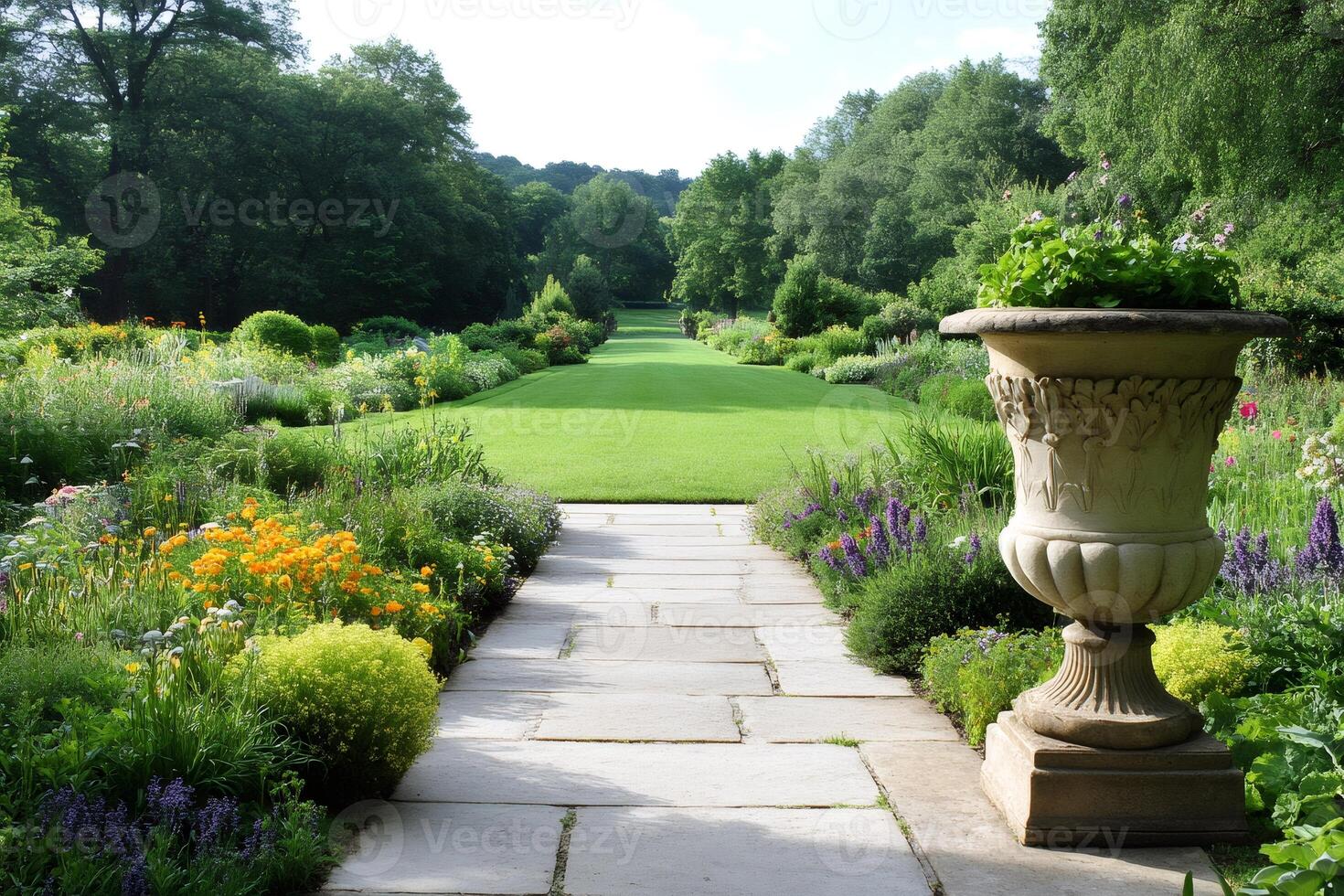 Stone paved path stretching through a vibrant botanical garden photo