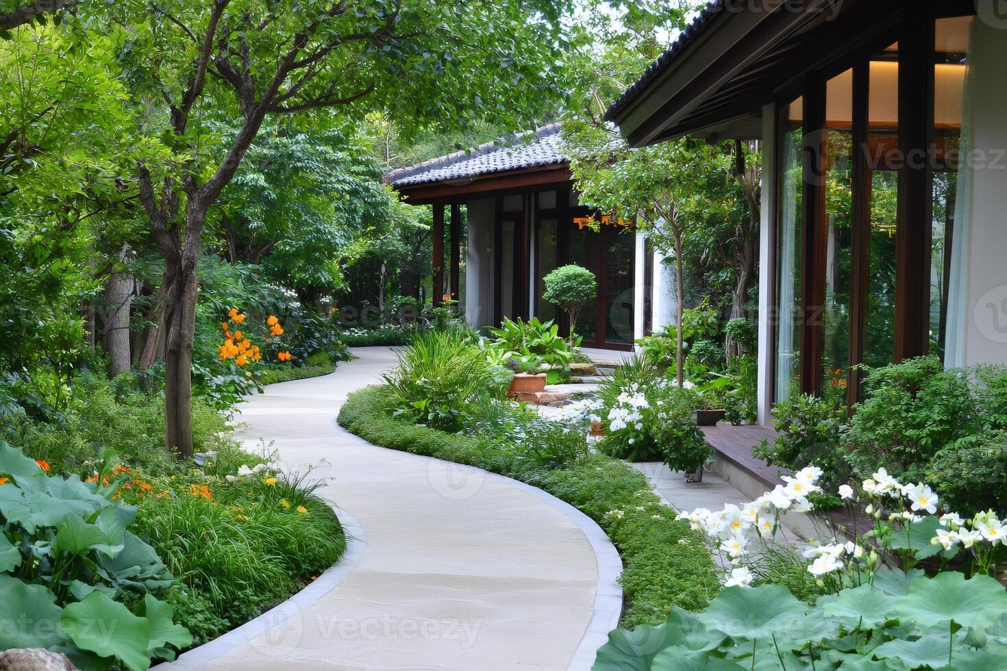 Winding path leading to traditional house in lush garden photo