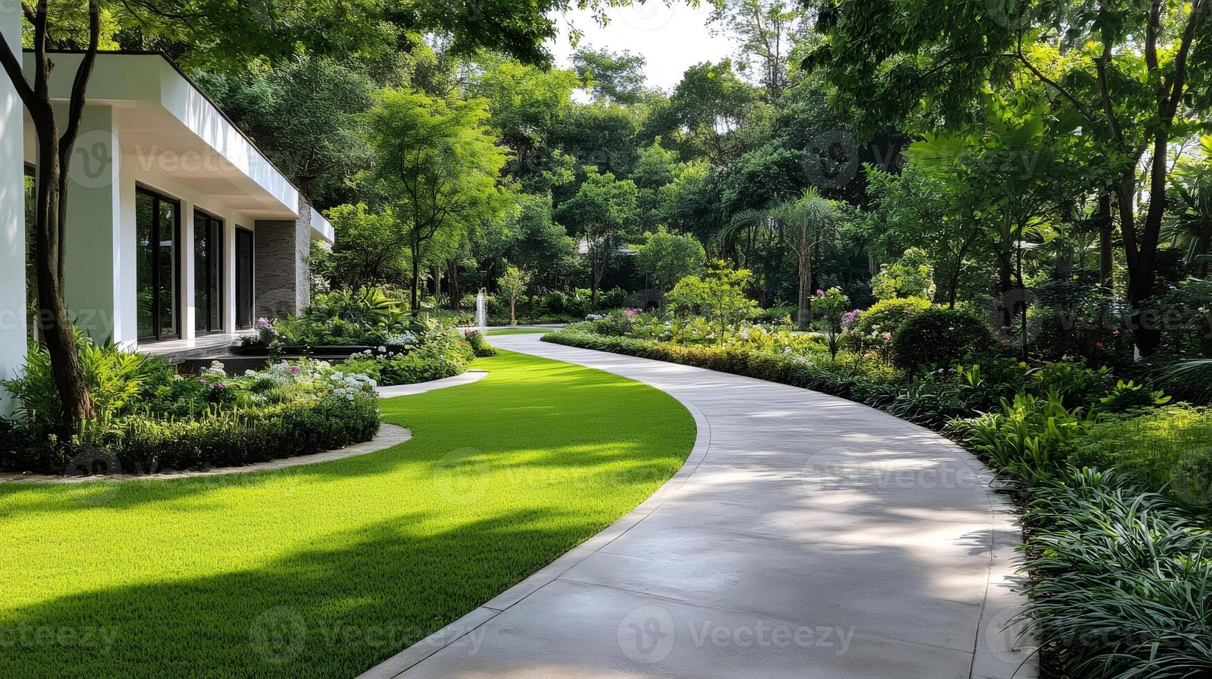 Winding concrete path leading to modern house in lush green garden photo