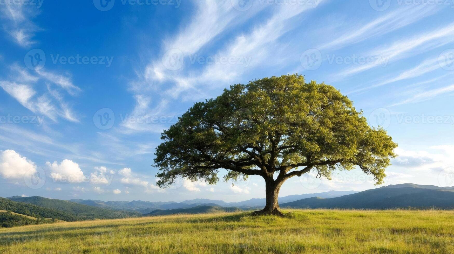 Lonely oak tree standing on a hill overlooking a valley under a blue sky photo