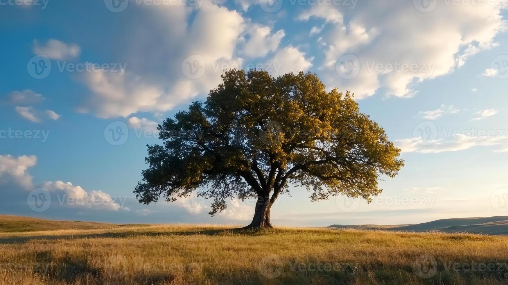 Large oak tree standing in a field under a cloudy sky at sunset photo