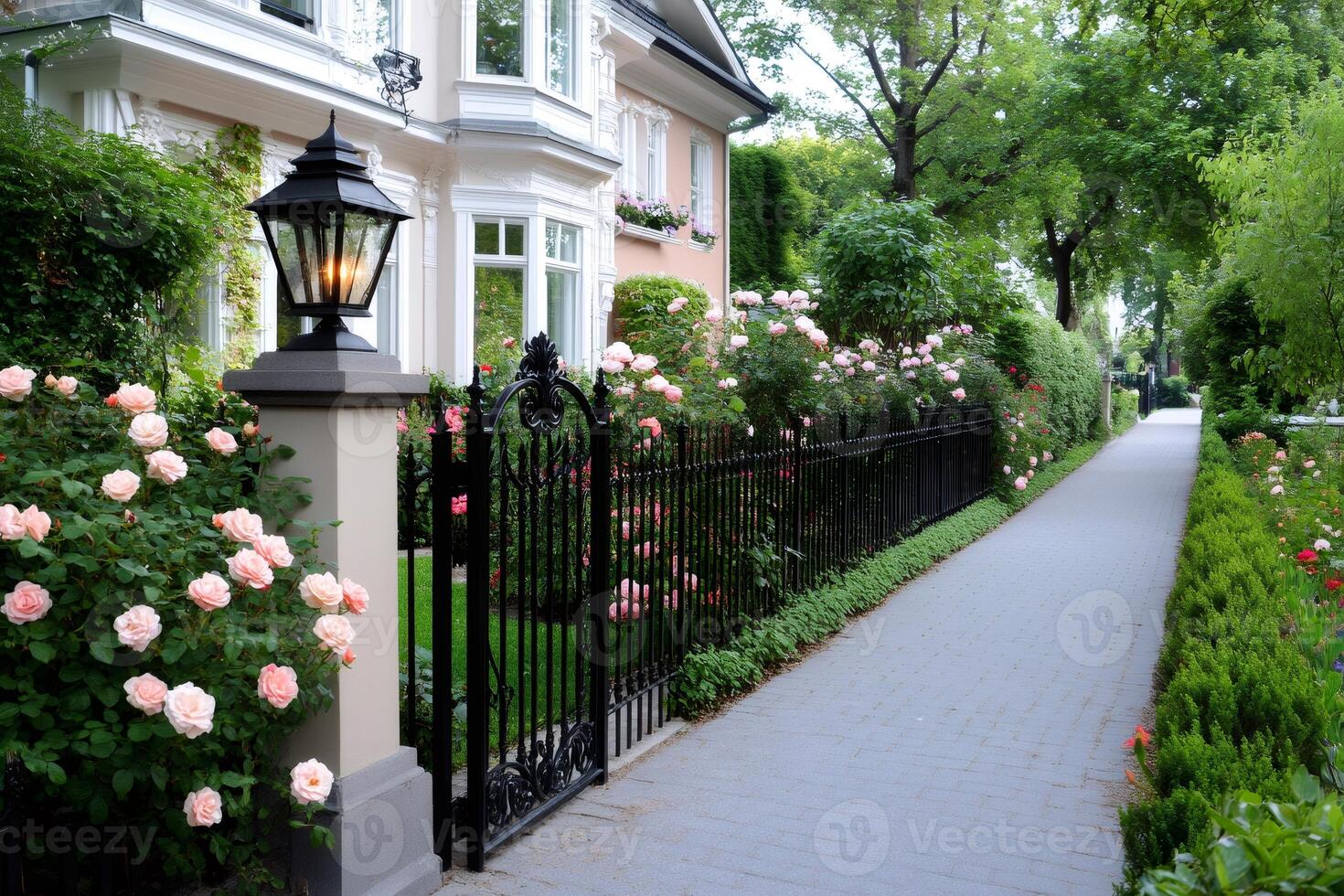 Beautiful rose bushes growing next to a paved path and a wrought iron fence photo