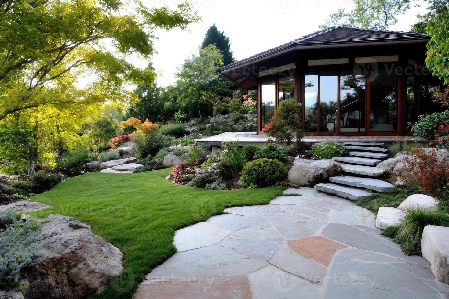 Stone steps leading to a patio and a modern house surrounded by a beautiful garden photo