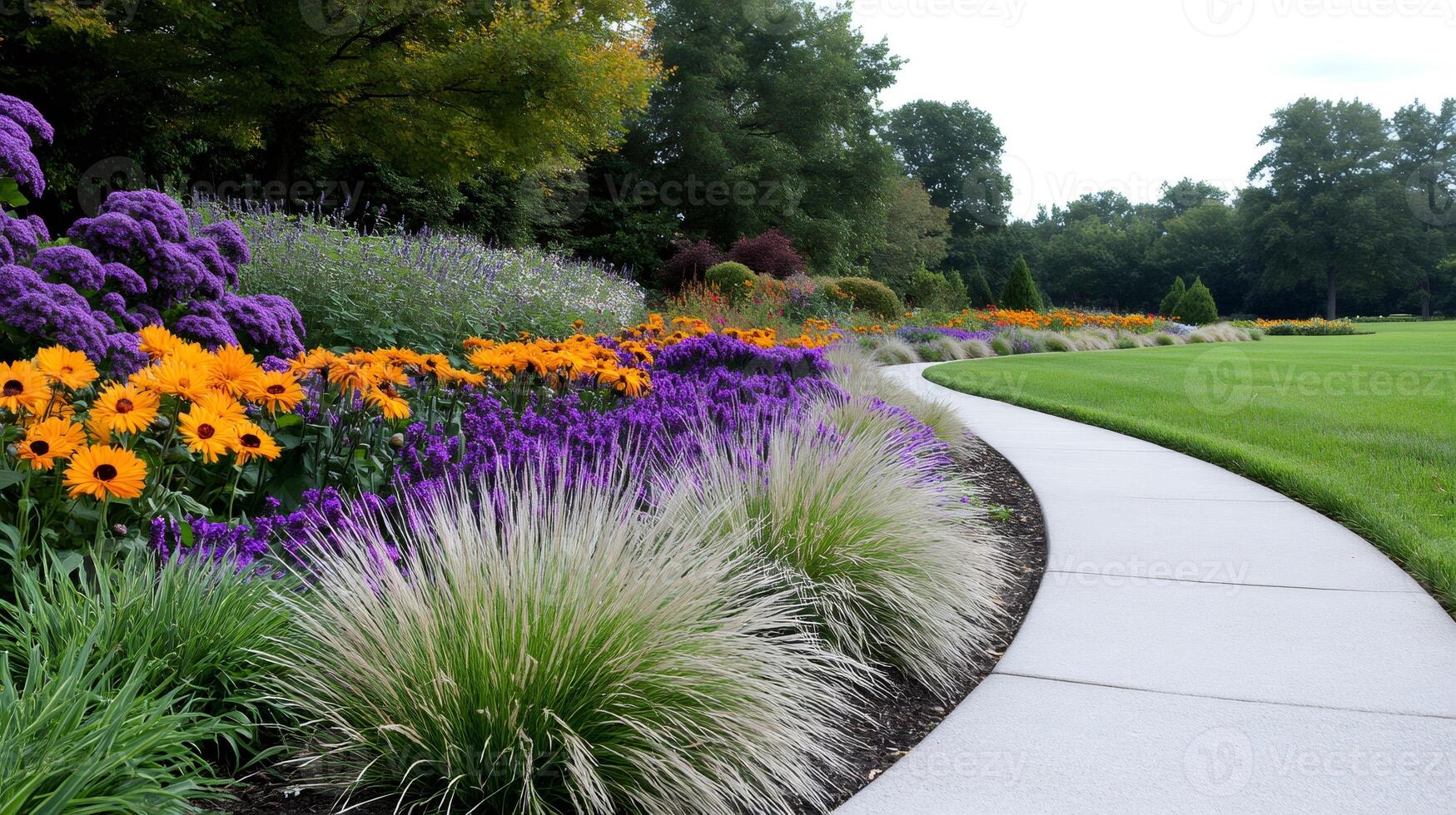 Winding garden path bordered by colorful flowerbed and lush green lawn photo