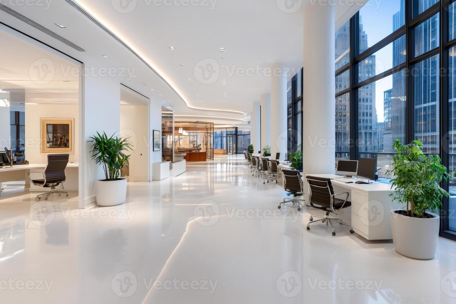 Modern open space office with desks and computers showing New York City skyline photo