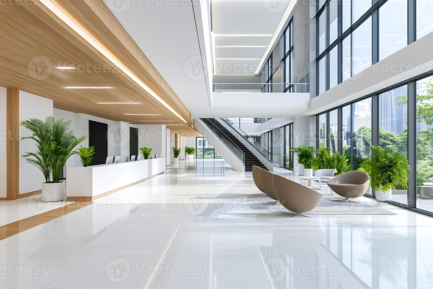 Modern corporate lobby featuring reception desk, waiting area and escalator photo