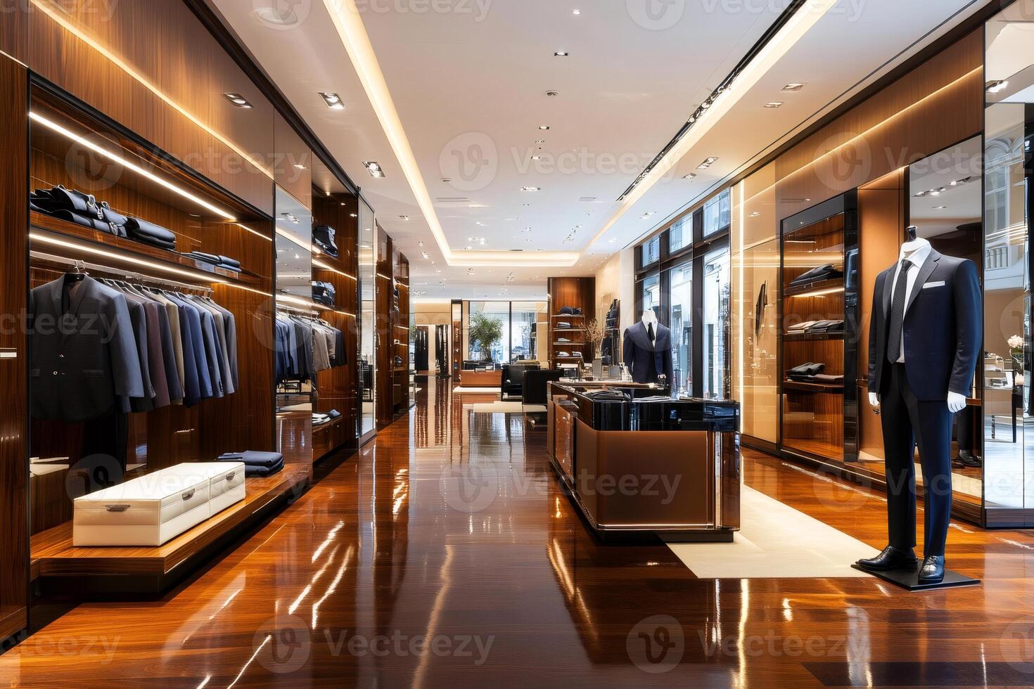 Elegant suits and jackets displayed in luxurious fashion boutique photo