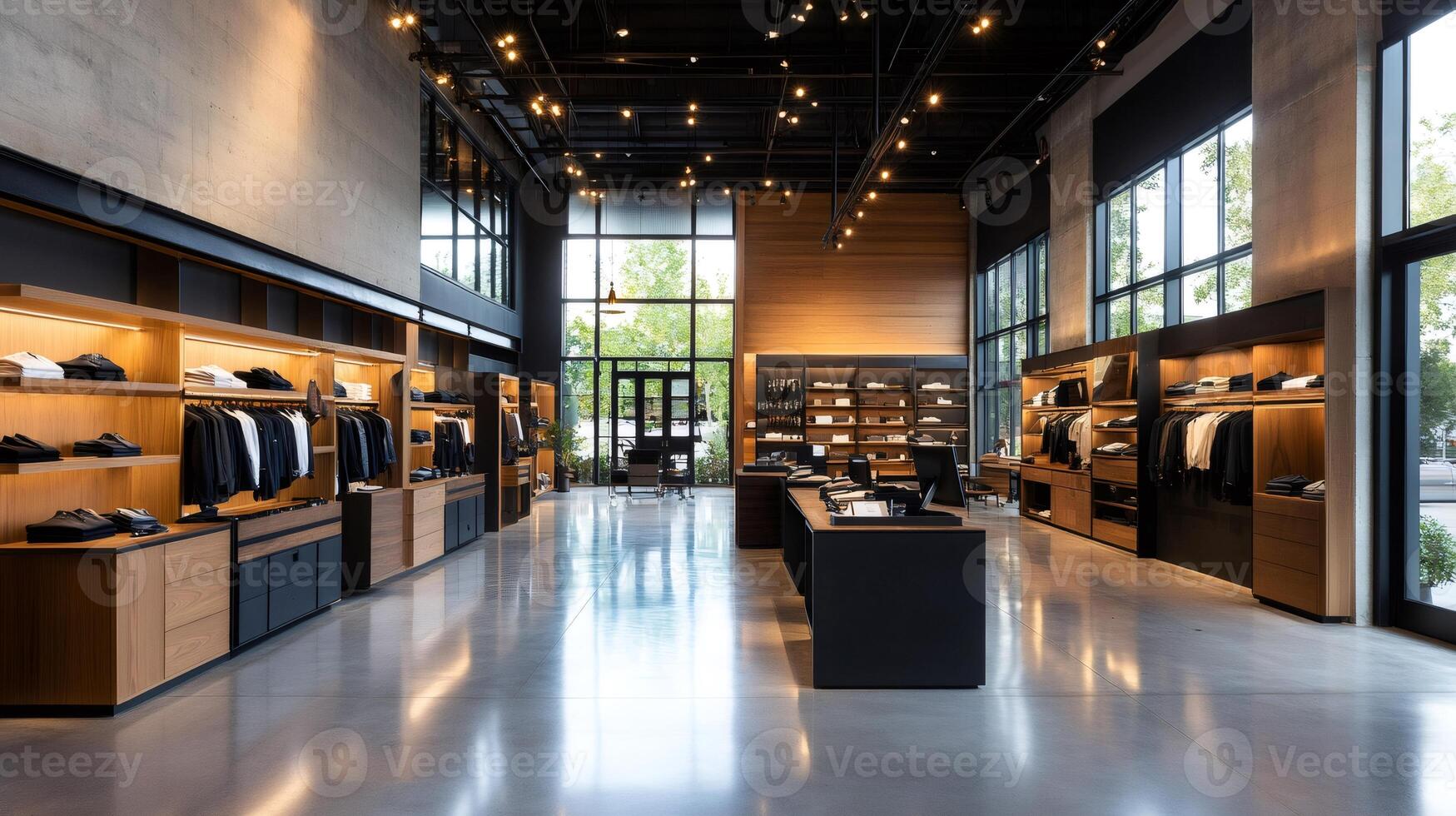 Modern clothing store with polished concrete floor and wooden furniture photo