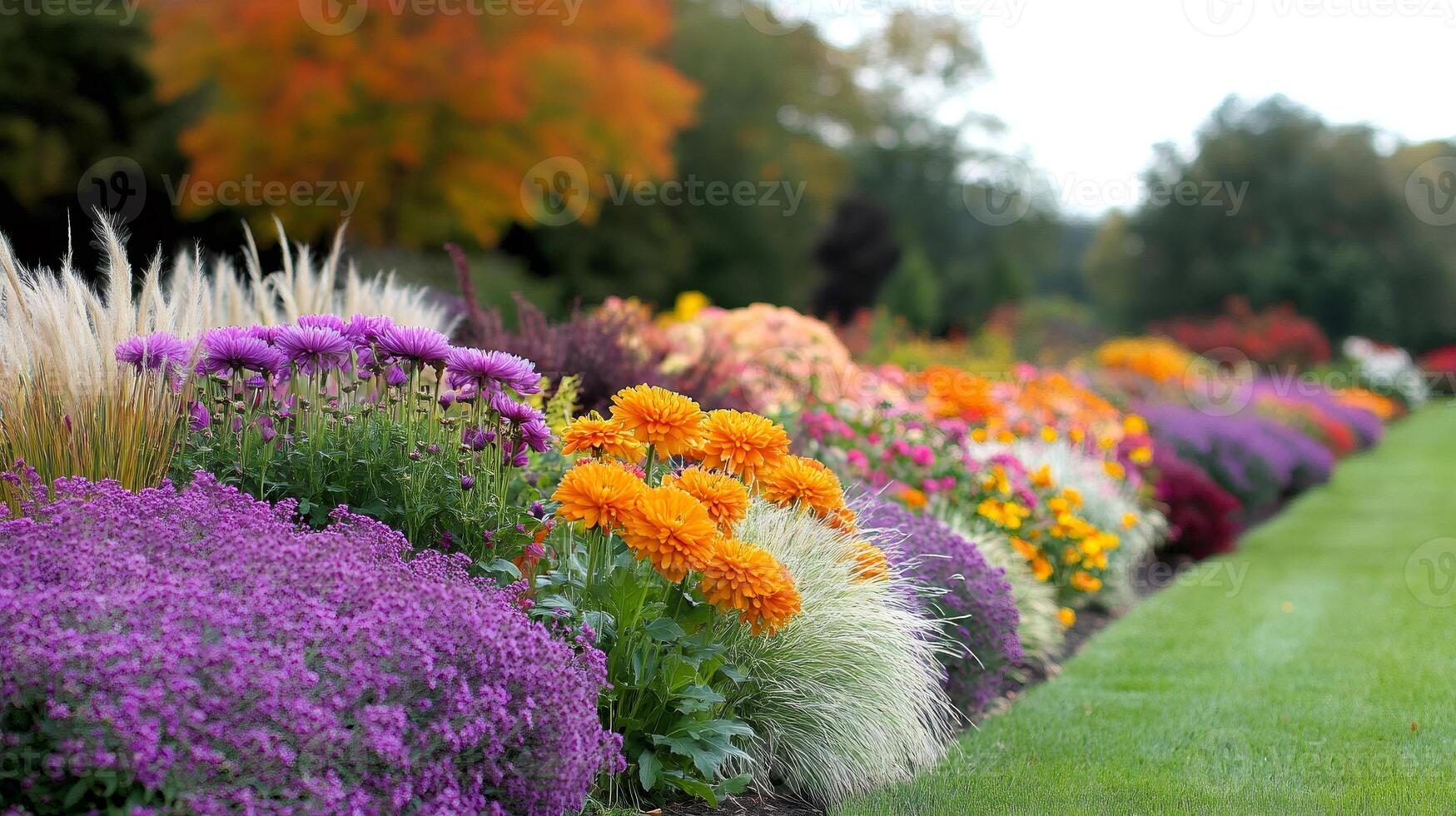 Colorful flowerbed blooming in autumn in a botanical garden photo