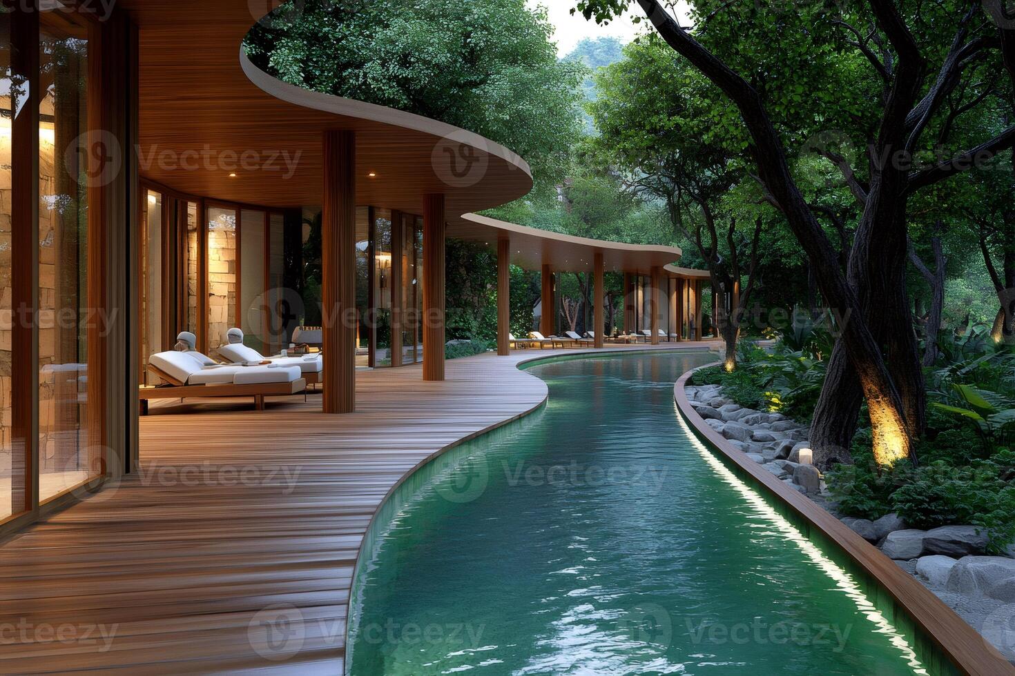 Luxurious pool winding through a tranquil forest resort at dusk photo