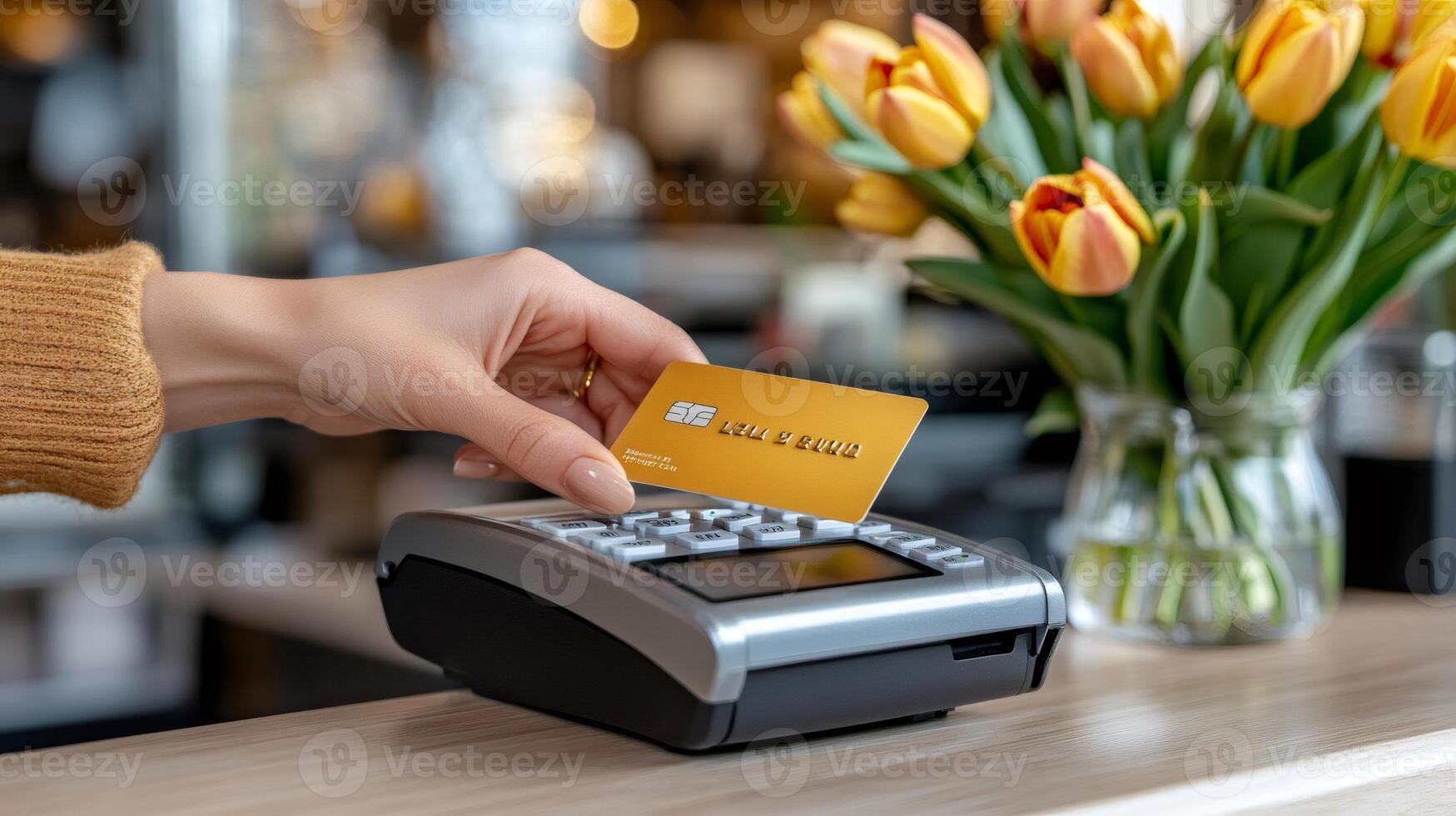 Customer using contactless payment with credit card in flower shop photo