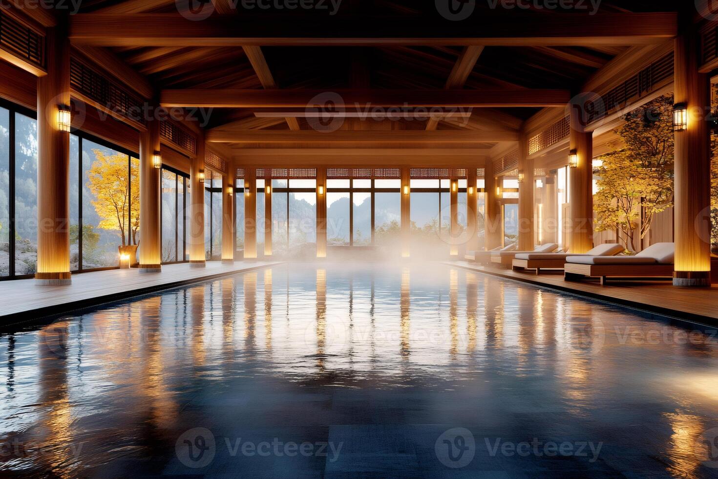 Luxurious indoor swimming pool reflecting warm lights in a spa resort photo