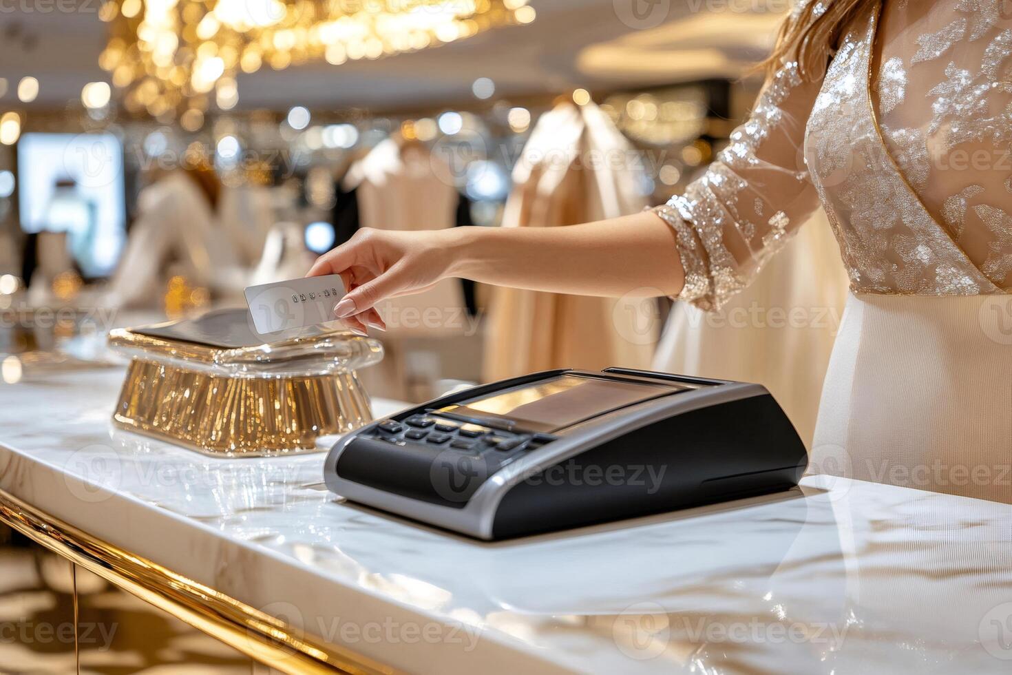 Customer paying with contactless credit card at luxury boutique photo
