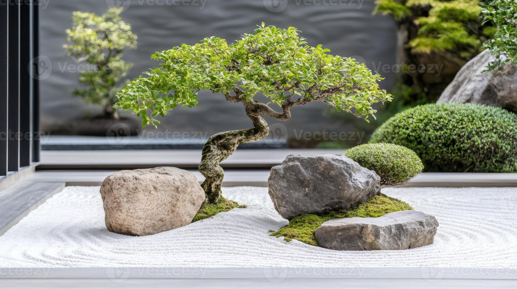 Small bonsai tree growing in a traditional Japanese rock