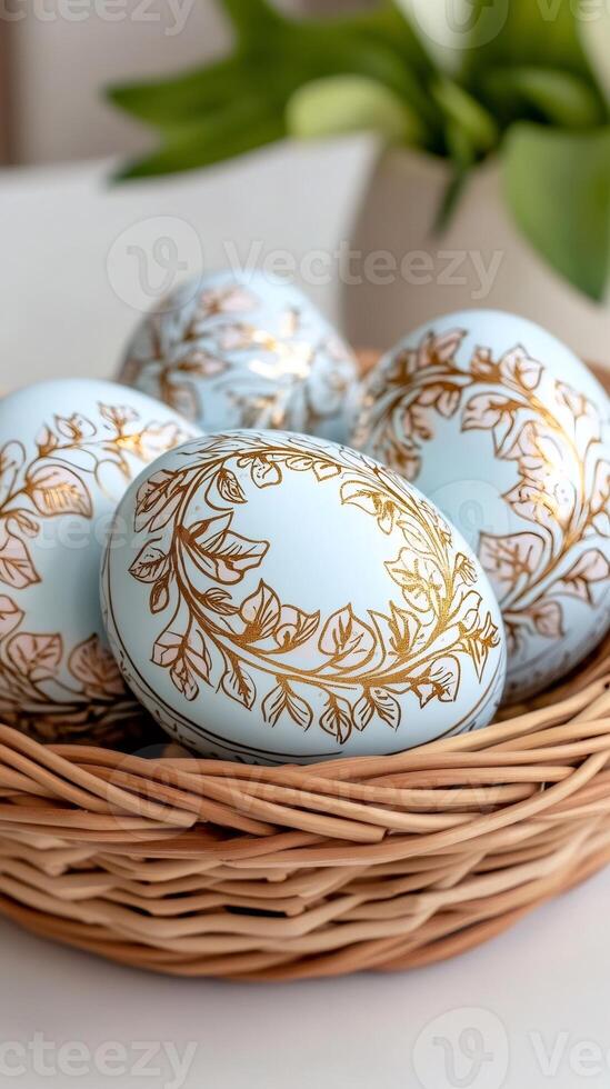 Light blue easter eggs with gold floral pattern resting in wicker basket photo