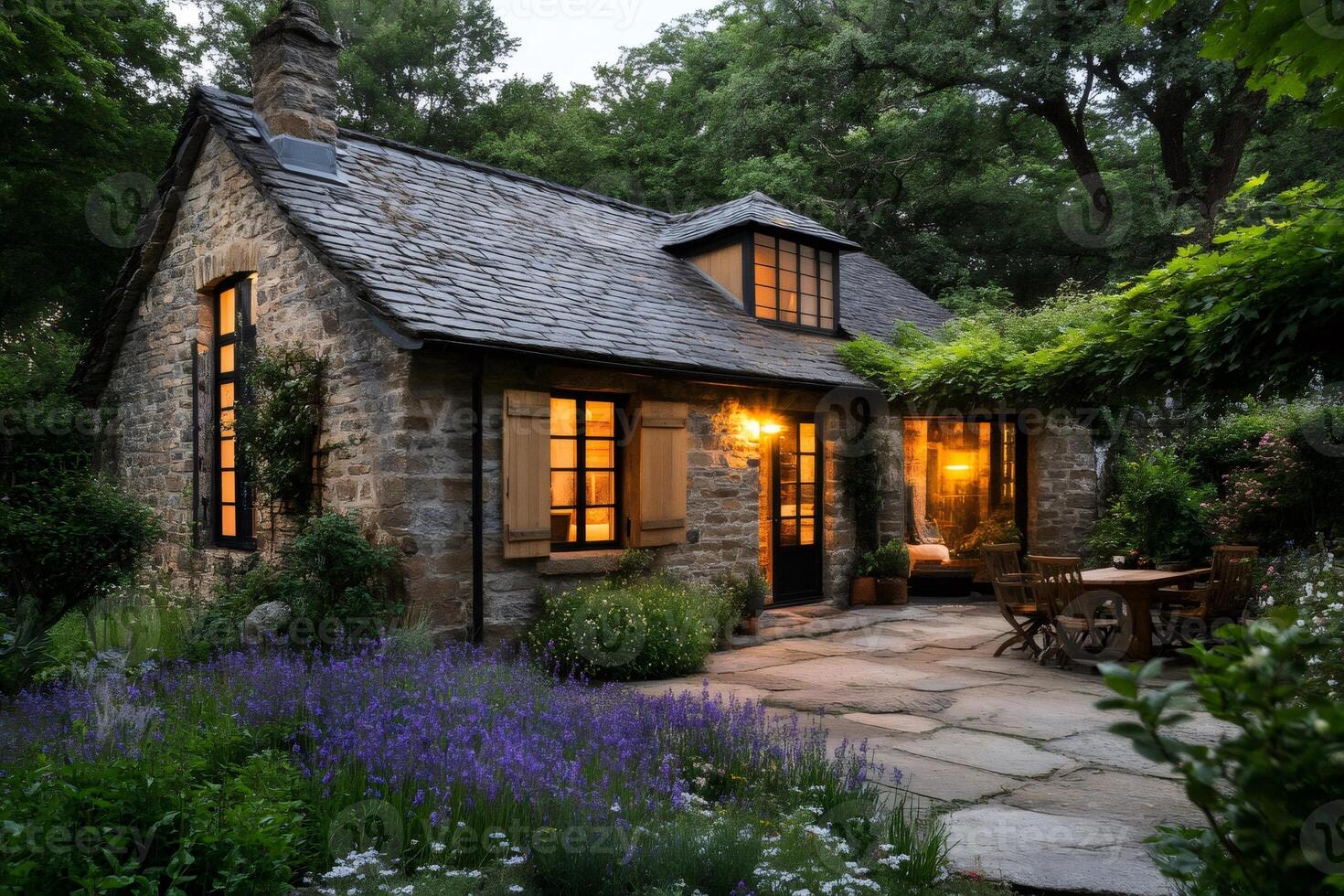 Charming stone cottage illuminating the twilight with warm lights and surrounded by lavender field photo