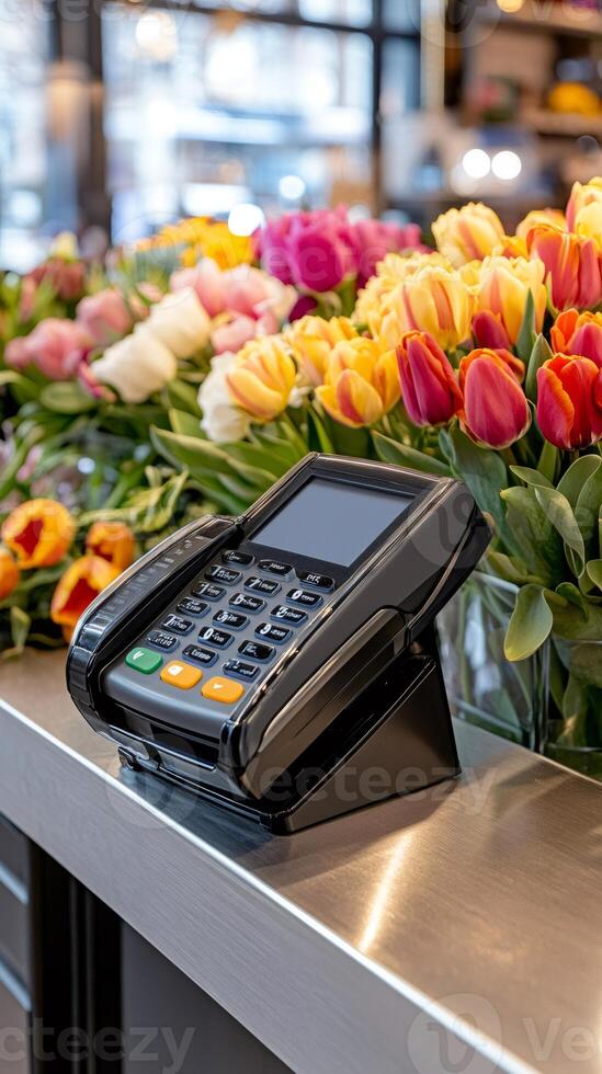 Pos terminal waiting for payment in a flower shop. photo
