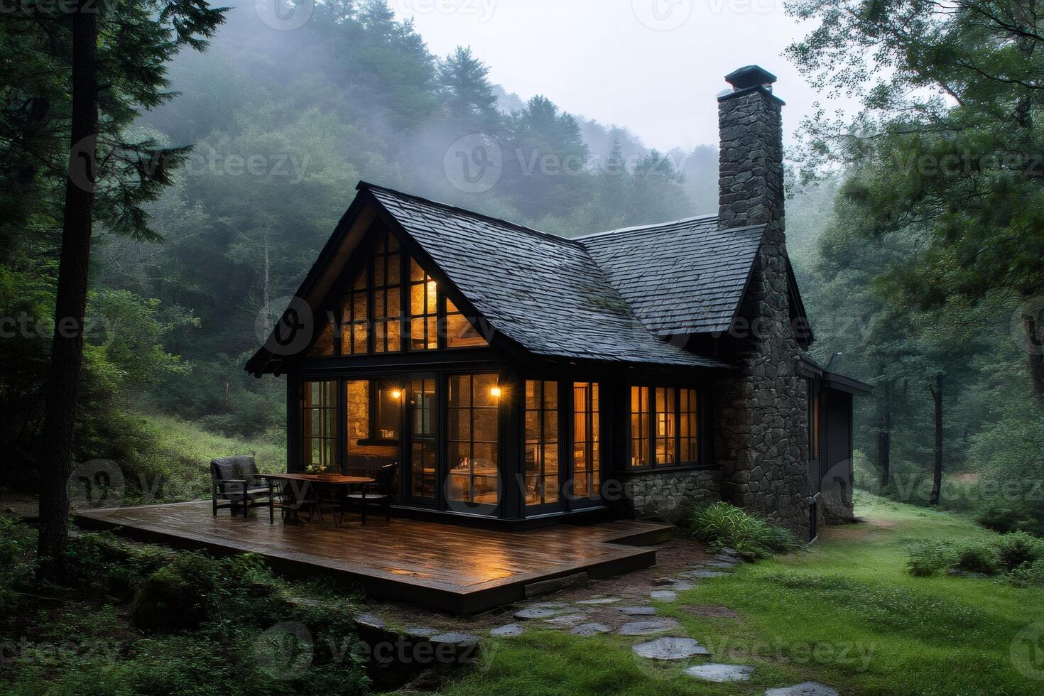 Cozy cabin inviting to relax in the misty forest at dusk photo