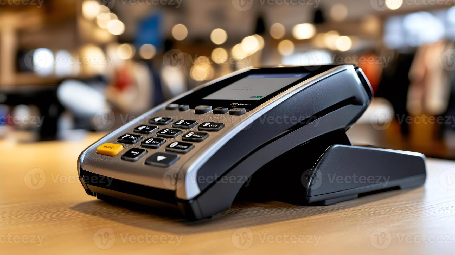 Modern POS terminal waiting for a customer to pay in a blurred store photo
