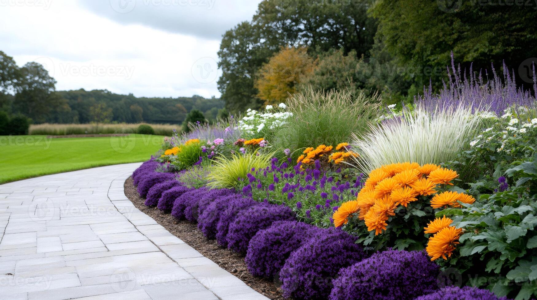 Colorful flowerbed bordering paved path in a garden photo