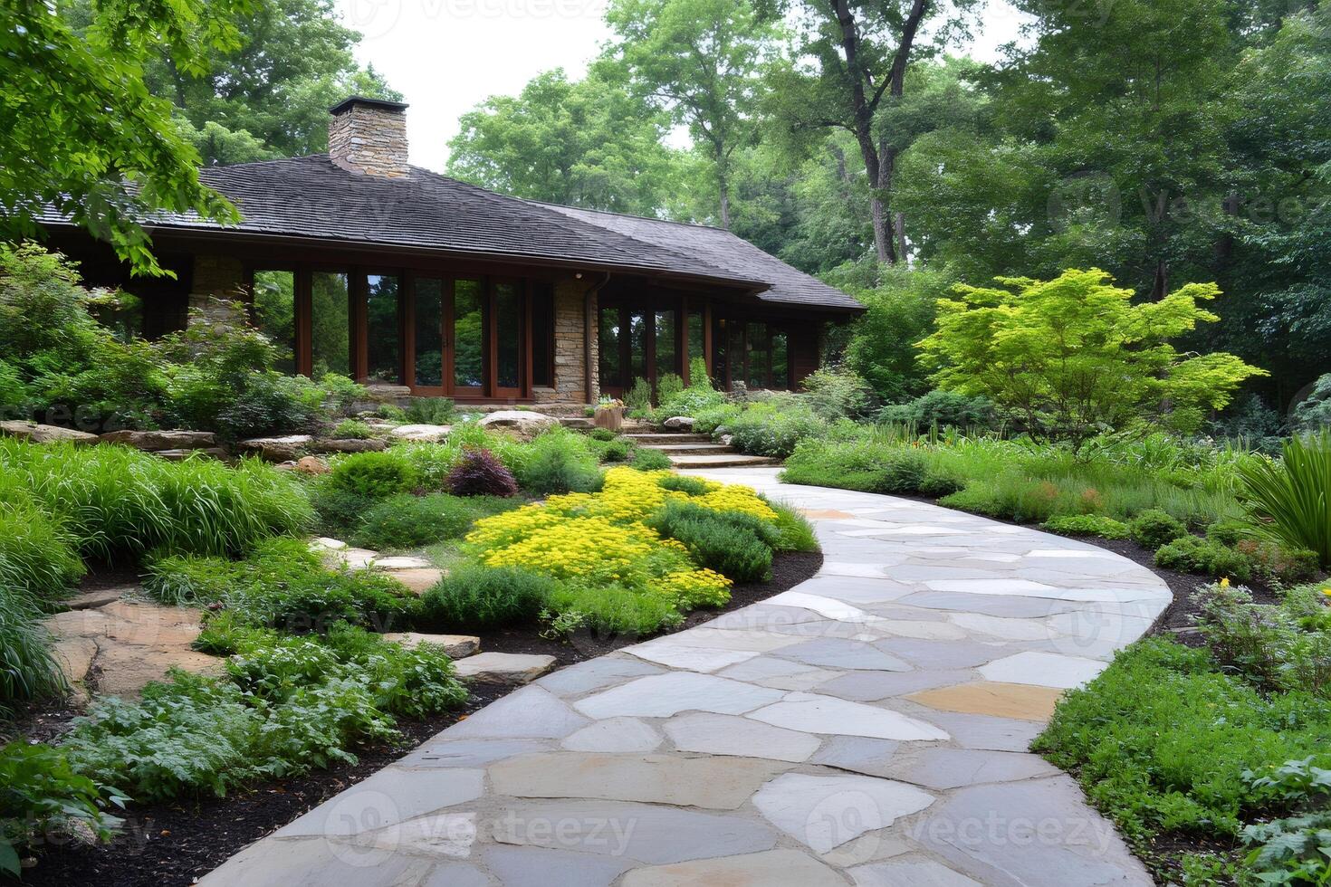 Flagstone pathway leading to beautiful house in lush garden photo